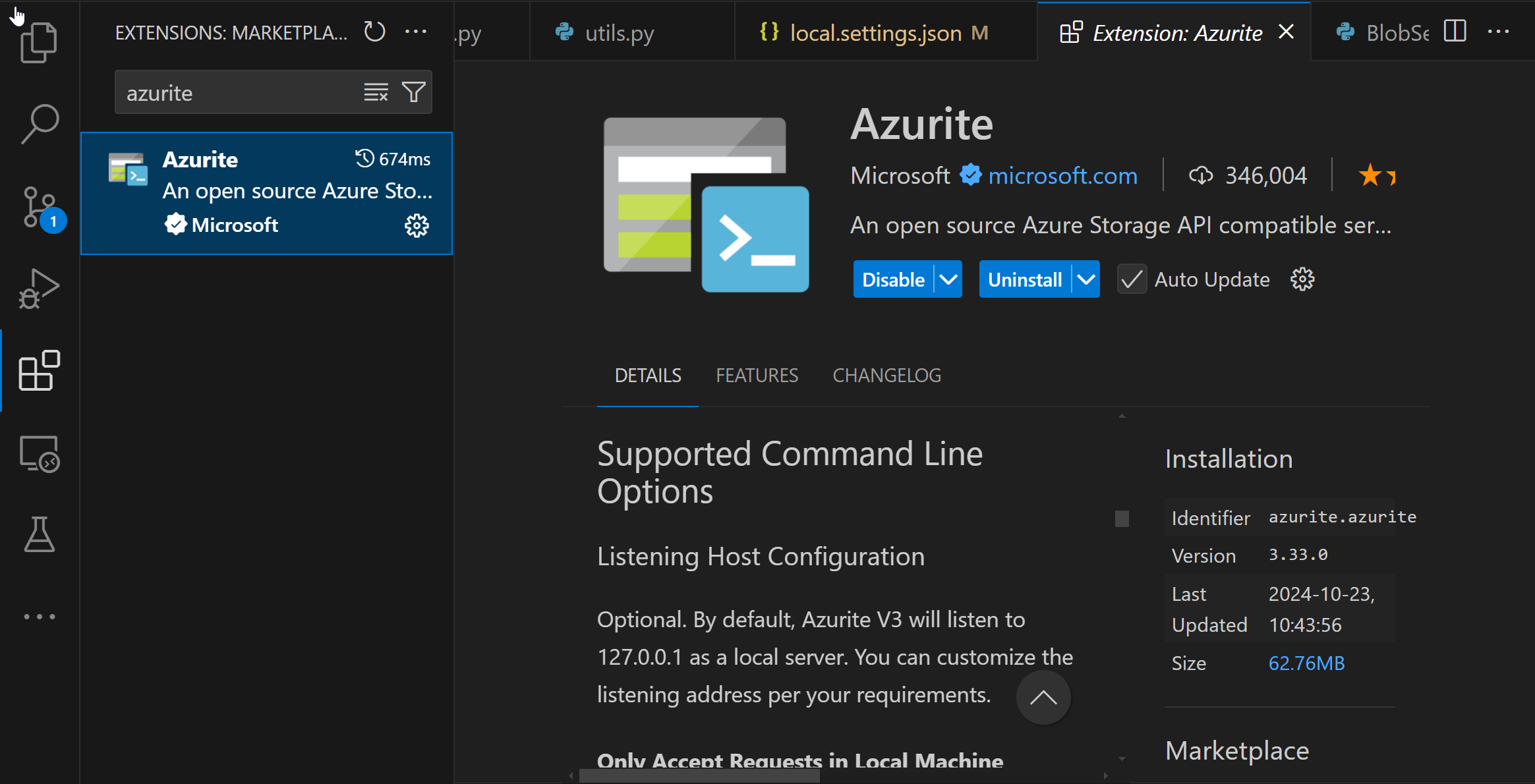 Using Azurite for Azure Function App Storage Emulation